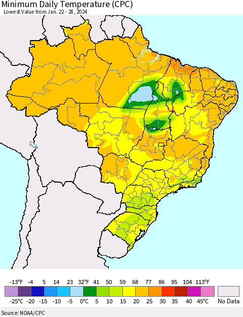Brazil Minimum Daily Temperature (CPC) Thematic Map For 1/22/2024 - 1/28/2024