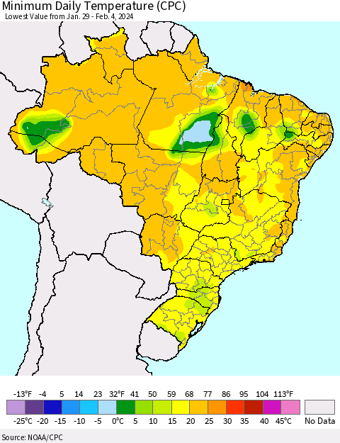 Brazil Minimum Daily Temperature (CPC) Thematic Map For 1/29/2024 - 2/4/2024