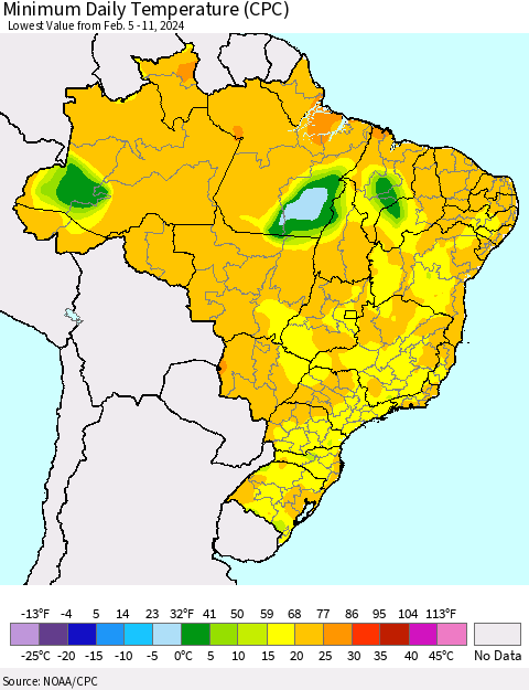 Brazil Minimum Daily Temperature (CPC) Thematic Map For 2/5/2024 - 2/11/2024