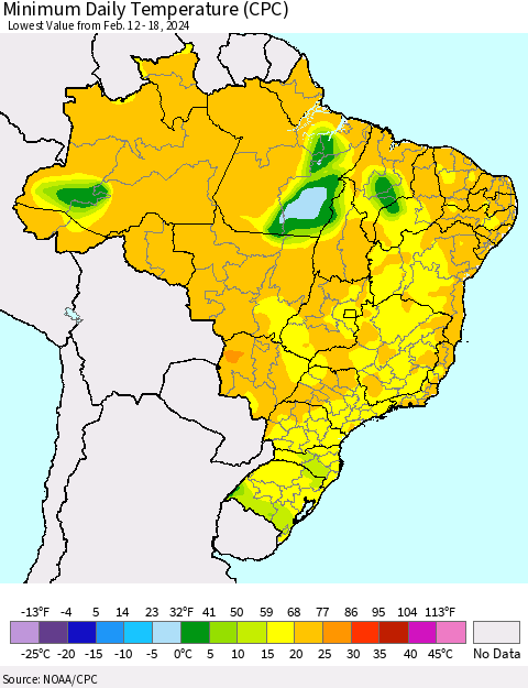 Brazil Minimum Daily Temperature (CPC) Thematic Map For 2/12/2024 - 2/18/2024