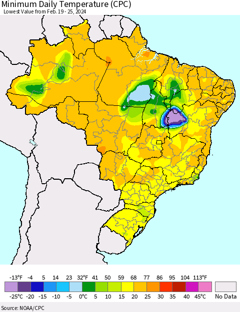 Brazil Minimum Daily Temperature (CPC) Thematic Map For 2/19/2024 - 2/25/2024
