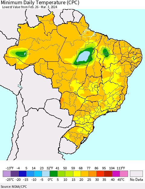 Brazil Minimum Daily Temperature (CPC) Thematic Map For 2/26/2024 - 3/3/2024
