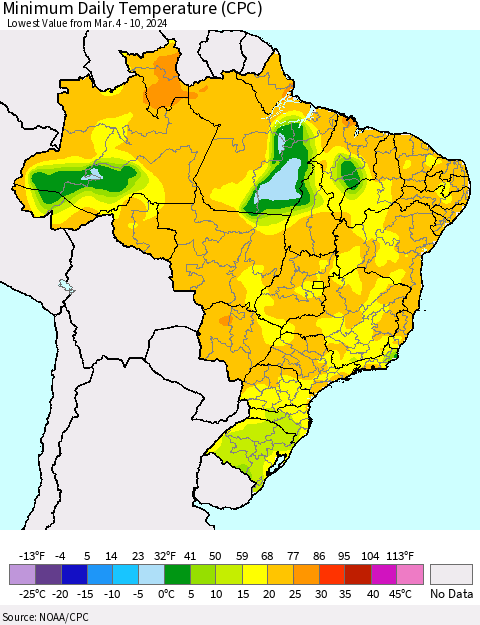 Brazil Minimum Daily Temperature (CPC) Thematic Map For 3/4/2024 - 3/10/2024