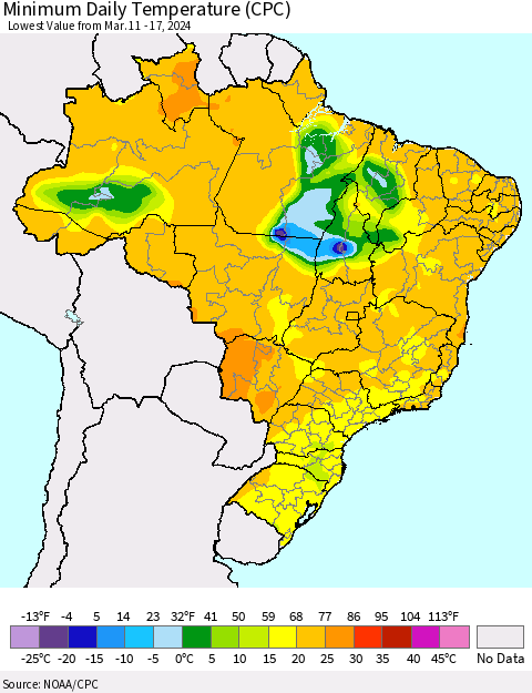 Brazil Minimum Daily Temperature (CPC) Thematic Map For 3/11/2024 - 3/17/2024