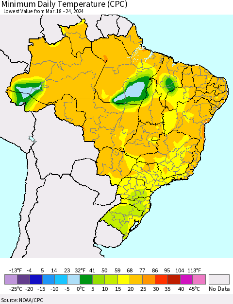 Brazil Minimum Daily Temperature (CPC) Thematic Map For 3/18/2024 - 3/24/2024