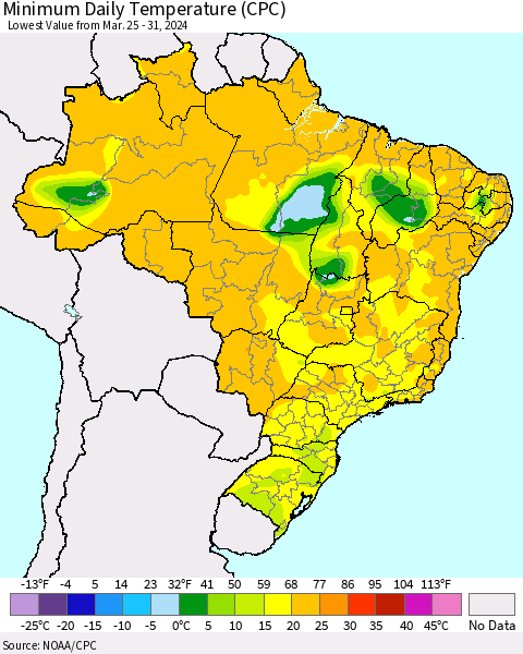 Brazil Minimum Daily Temperature (CPC) Thematic Map For 3/25/2024 - 3/31/2024