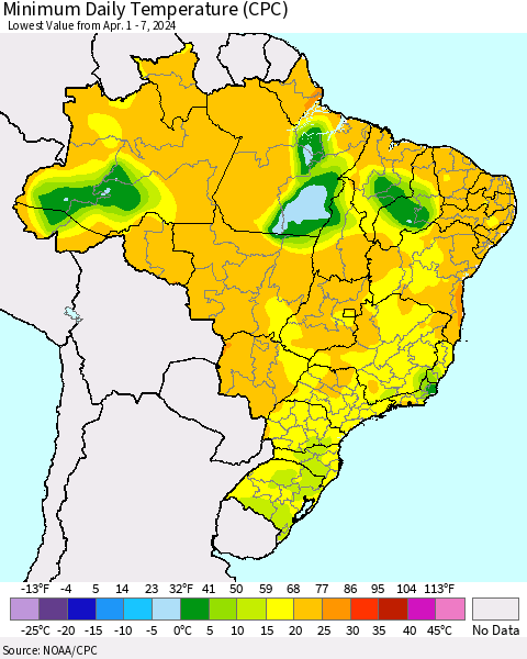 Brazil Minimum Daily Temperature (CPC) Thematic Map For 4/1/2024 - 4/7/2024
