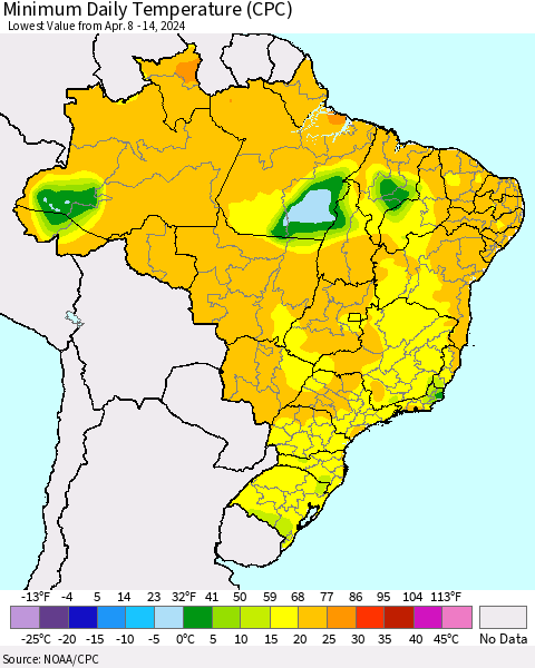 Brazil Minimum Daily Temperature (CPC) Thematic Map For 4/8/2024 - 4/14/2024