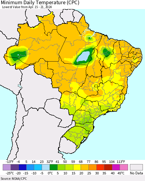 Brazil Minimum Daily Temperature (CPC) Thematic Map For 4/15/2024 - 4/21/2024