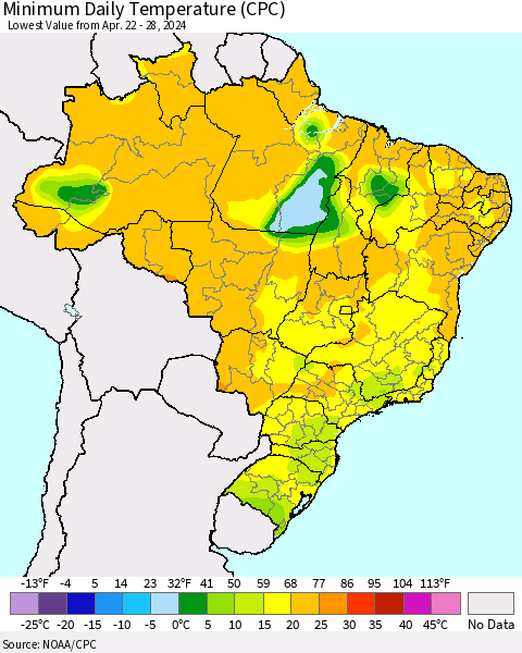 Brazil Minimum Daily Temperature (CPC) Thematic Map For 4/22/2024 - 4/28/2024