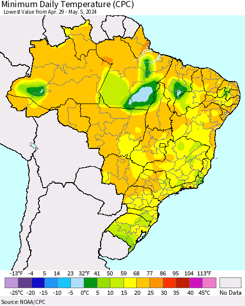 Brazil Minimum Daily Temperature (CPC) Thematic Map For 4/29/2024 - 5/5/2024