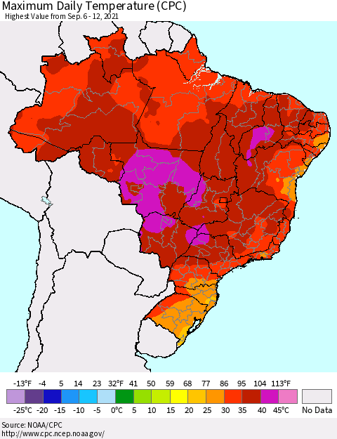 Brazil Maximum Daily Temperature (CPC) Thematic Map For 9/6/2021 - 9/12/2021