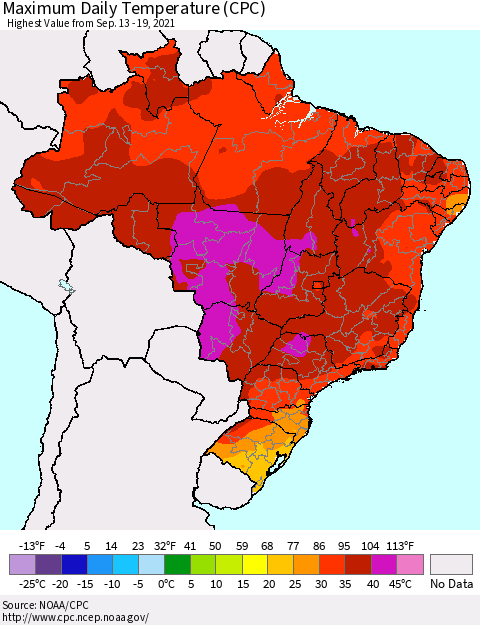Brazil Maximum Daily Temperature (CPC) Thematic Map For 9/13/2021 - 9/19/2021