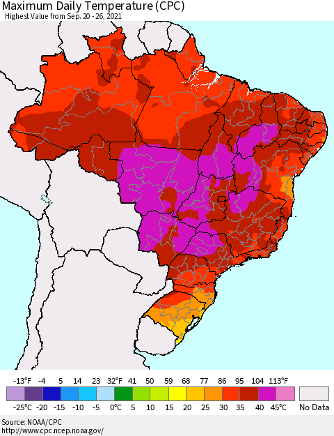 Brazil Maximum Daily Temperature (CPC) Thematic Map For 9/20/2021 - 9/26/2021