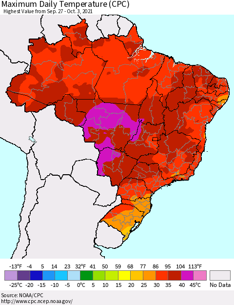 Brazil Maximum Daily Temperature (CPC) Thematic Map For 9/27/2021 - 10/3/2021