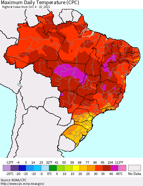 Brazil Maximum Daily Temperature (CPC) Thematic Map For 10/4/2021 - 10/10/2021