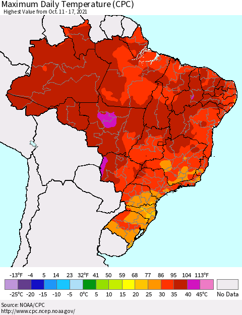 Brazil Maximum Daily Temperature (CPC) Thematic Map For 10/11/2021 - 10/17/2021