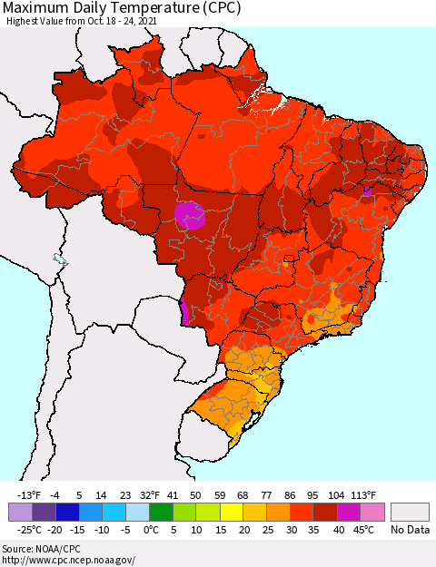 Brazil Maximum Daily Temperature (CPC) Thematic Map For 10/18/2021 - 10/24/2021