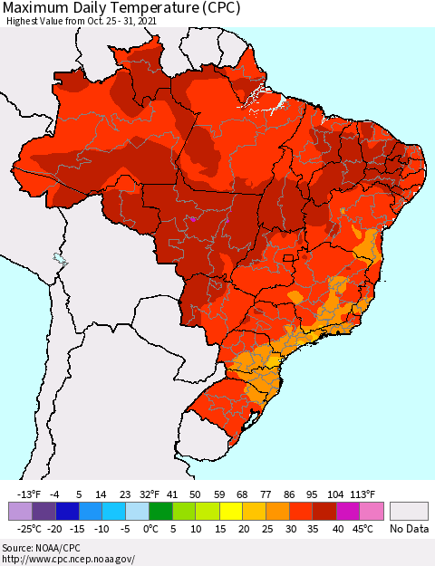 Brazil Maximum Daily Temperature (CPC) Thematic Map For 10/25/2021 - 10/31/2021