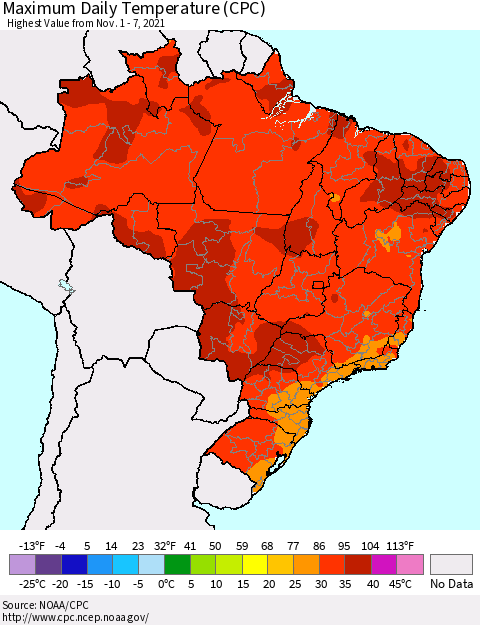 Brazil Maximum Daily Temperature (CPC) Thematic Map For 11/1/2021 - 11/7/2021
