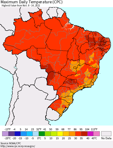 Brazil Maximum Daily Temperature (CPC) Thematic Map For 11/8/2021 - 11/14/2021