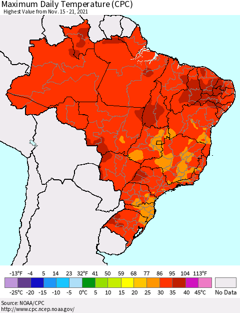 Brazil Maximum Daily Temperature (CPC) Thematic Map For 11/15/2021 - 11/21/2021