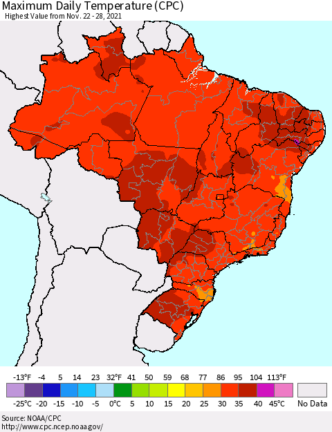 Brazil Maximum Daily Temperature (CPC) Thematic Map For 11/22/2021 - 11/28/2021