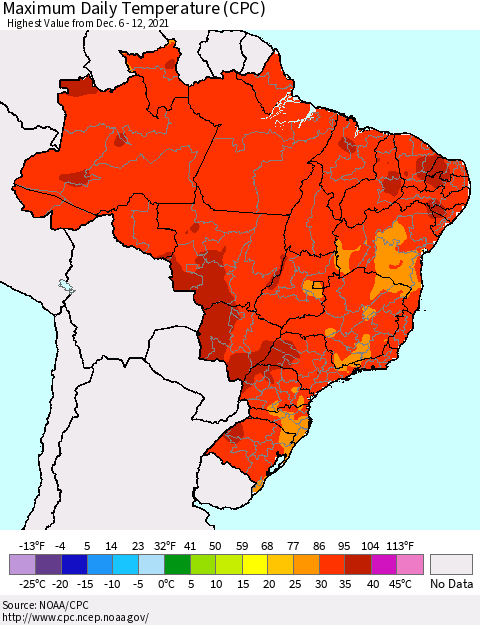 Brazil Maximum Daily Temperature (CPC) Thematic Map For 12/6/2021 - 12/12/2021