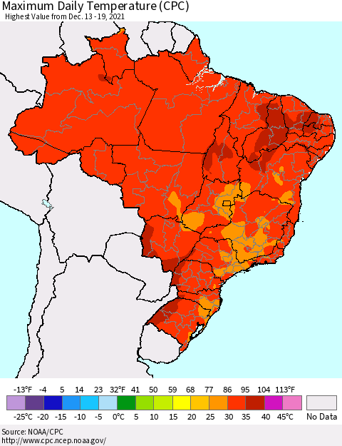 Brazil Maximum Daily Temperature (CPC) Thematic Map For 12/13/2021 - 12/19/2021