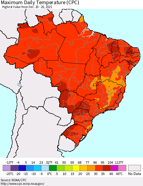 Brazil Maximum Daily Temperature (CPC) Thematic Map For 12/20/2021 - 12/26/2021