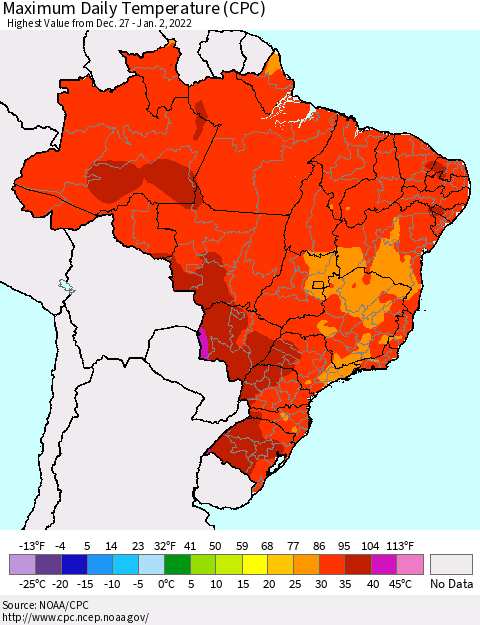 Brazil Maximum Daily Temperature (CPC) Thematic Map For 12/27/2021 - 1/2/2022