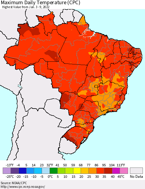 Brazil Maximum Daily Temperature (CPC) Thematic Map For 1/3/2022 - 1/9/2022