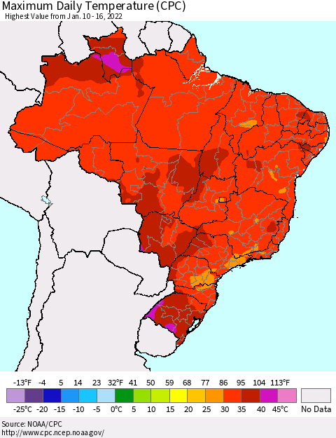 Brazil Maximum Daily Temperature (CPC) Thematic Map For 1/10/2022 - 1/16/2022