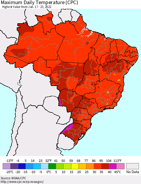 Brazil Maximum Daily Temperature (CPC) Thematic Map For 1/17/2022 - 1/23/2022