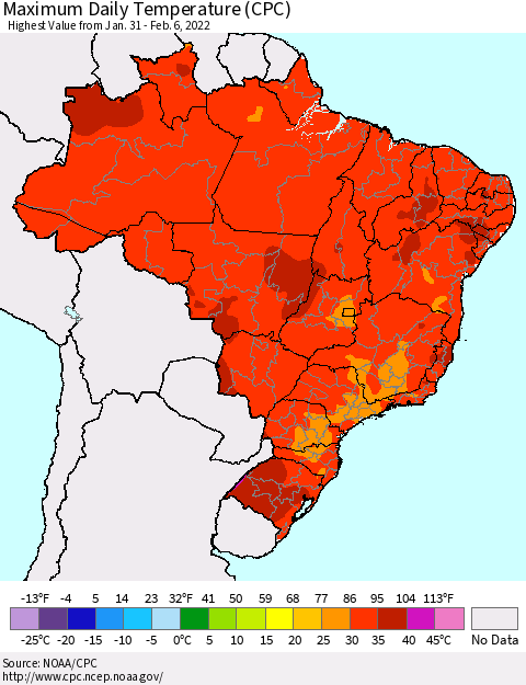 Brazil Maximum Daily Temperature (CPC) Thematic Map For 1/31/2022 - 2/6/2022