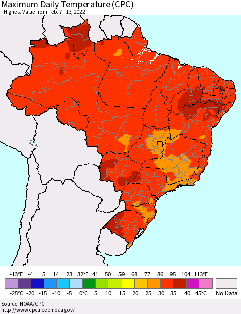 Brazil Maximum Daily Temperature (CPC) Thematic Map For 2/7/2022 - 2/13/2022