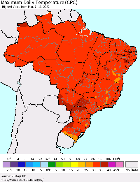 Brazil Maximum Daily Temperature (CPC) Thematic Map For 3/7/2022 - 3/13/2022