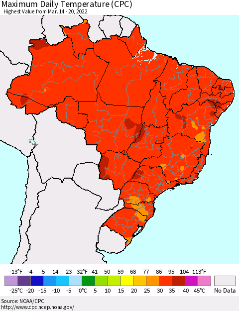 Brazil Maximum Daily Temperature (CPC) Thematic Map For 3/14/2022 - 3/20/2022