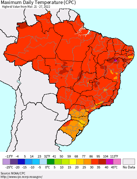 Brazil Maximum Daily Temperature (CPC) Thematic Map For 3/21/2022 - 3/27/2022