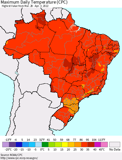 Brazil Maximum Daily Temperature (CPC) Thematic Map For 3/28/2022 - 4/3/2022