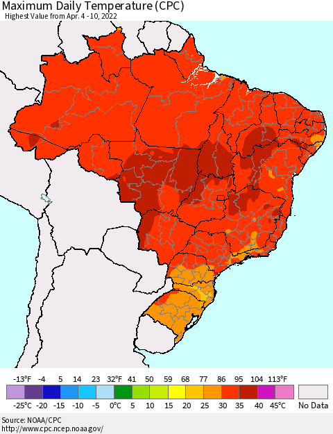 Brazil Maximum Daily Temperature (CPC) Thematic Map For 4/4/2022 - 4/10/2022
