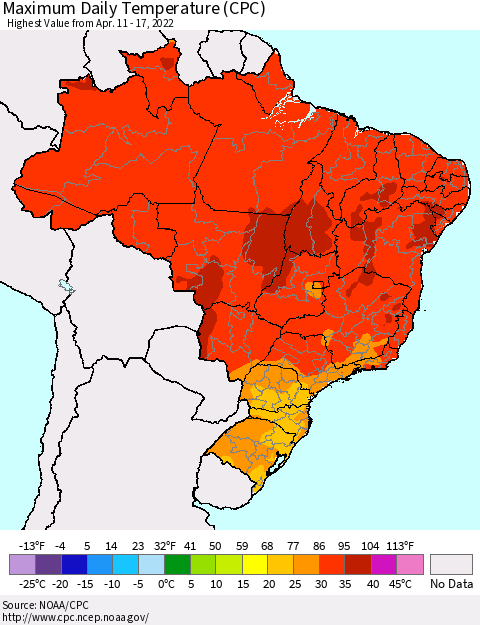Brazil Maximum Daily Temperature (CPC) Thematic Map For 4/11/2022 - 4/17/2022