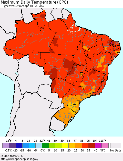 Brazil Maximum Daily Temperature (CPC) Thematic Map For 4/18/2022 - 4/24/2022