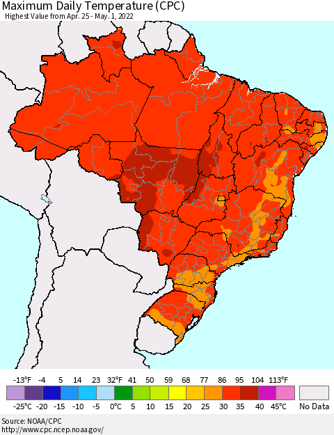 Brazil Maximum Daily Temperature (CPC) Thematic Map For 4/25/2022 - 5/1/2022