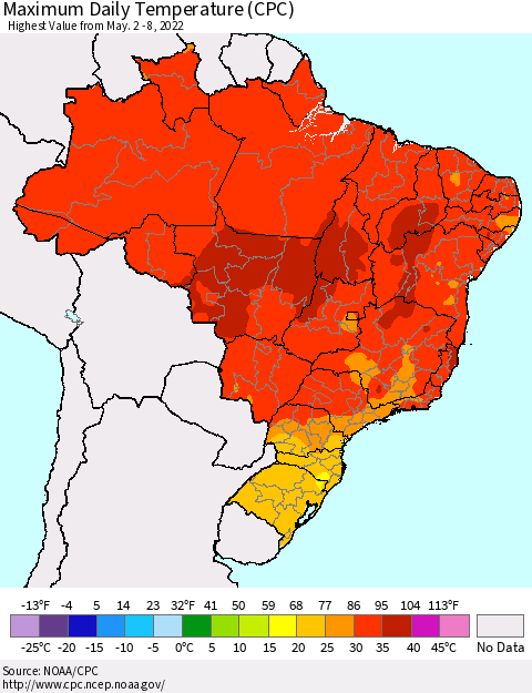 Brazil Maximum Daily Temperature (CPC) Thematic Map For 5/2/2022 - 5/8/2022