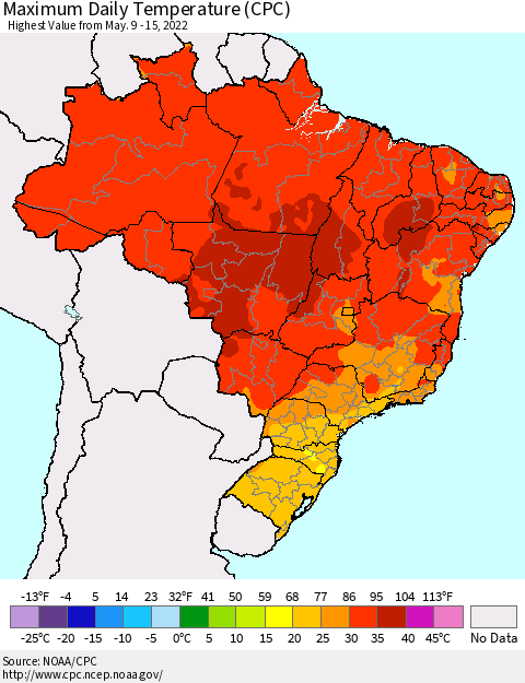 Brazil Maximum Daily Temperature (CPC) Thematic Map For 5/9/2022 - 5/15/2022