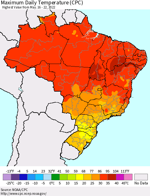 Brazil Maximum Daily Temperature (CPC) Thematic Map For 5/16/2022 - 5/22/2022