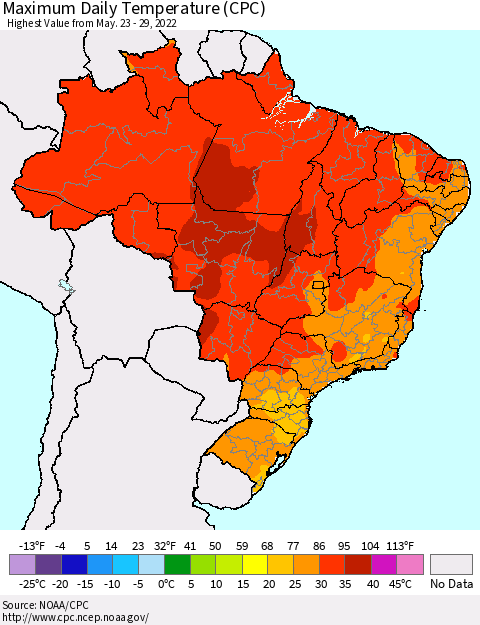 Brazil Maximum Daily Temperature (CPC) Thematic Map For 5/23/2022 - 5/29/2022