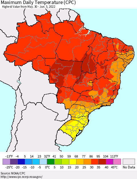 Brazil Maximum Daily Temperature (CPC) Thematic Map For 5/30/2022 - 6/5/2022