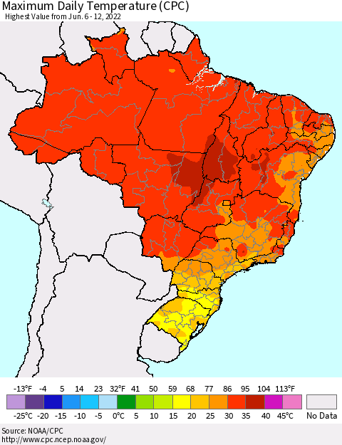 Brazil Maximum Daily Temperature (CPC) Thematic Map For 6/6/2022 - 6/12/2022